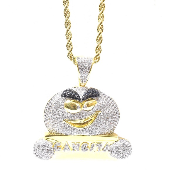 Gold Finish Lab Diamond GANGSTA Emoji Charm Chain - Picture 1 of 4